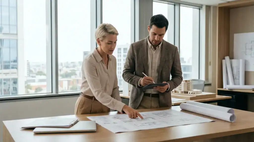 Építőipari tervezők modern irodában tervrajzokat vizsgálnak