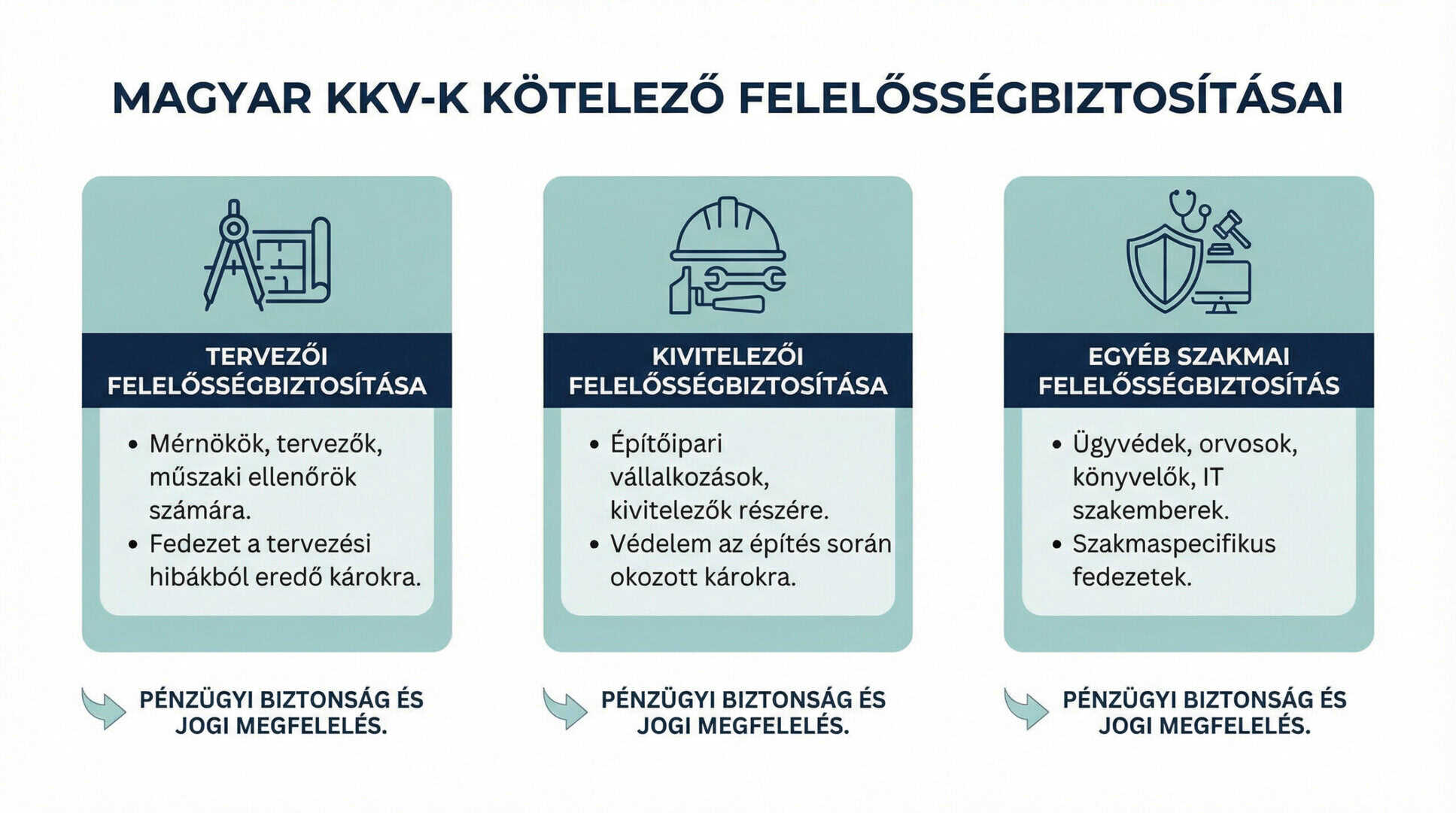 KKV biztosítás 2026: Tervezői és kivitelezői felelősségbiztosítás kötelezettségek 3 Infografika a vállalkozások számára releváns felelősségbiztosítási kategóriákról