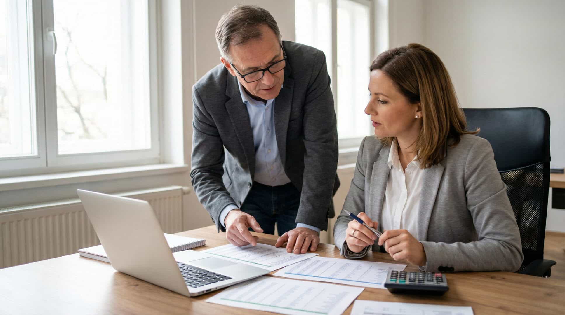 KKV biztosítás 2026: Tervezői és kivitelezői felelősségbiztosítás kötelezettségek 2 Biztosítási tanácsadó egyeztet egy vállalkozóval felelősségbiztosítási lehetőségekről