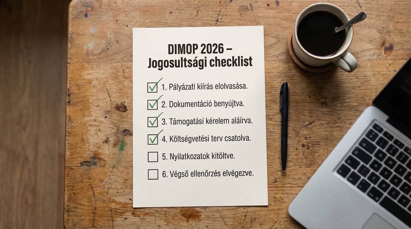 DIMOP Plusz 1.2.6 jogosultság 2026: kaphat-e az Ön cége 12 millió Ft digitalizációs támogatást? 2 DIMOP Plusz 1.2.6 jogosultsagi onellenorzo checklist papiron