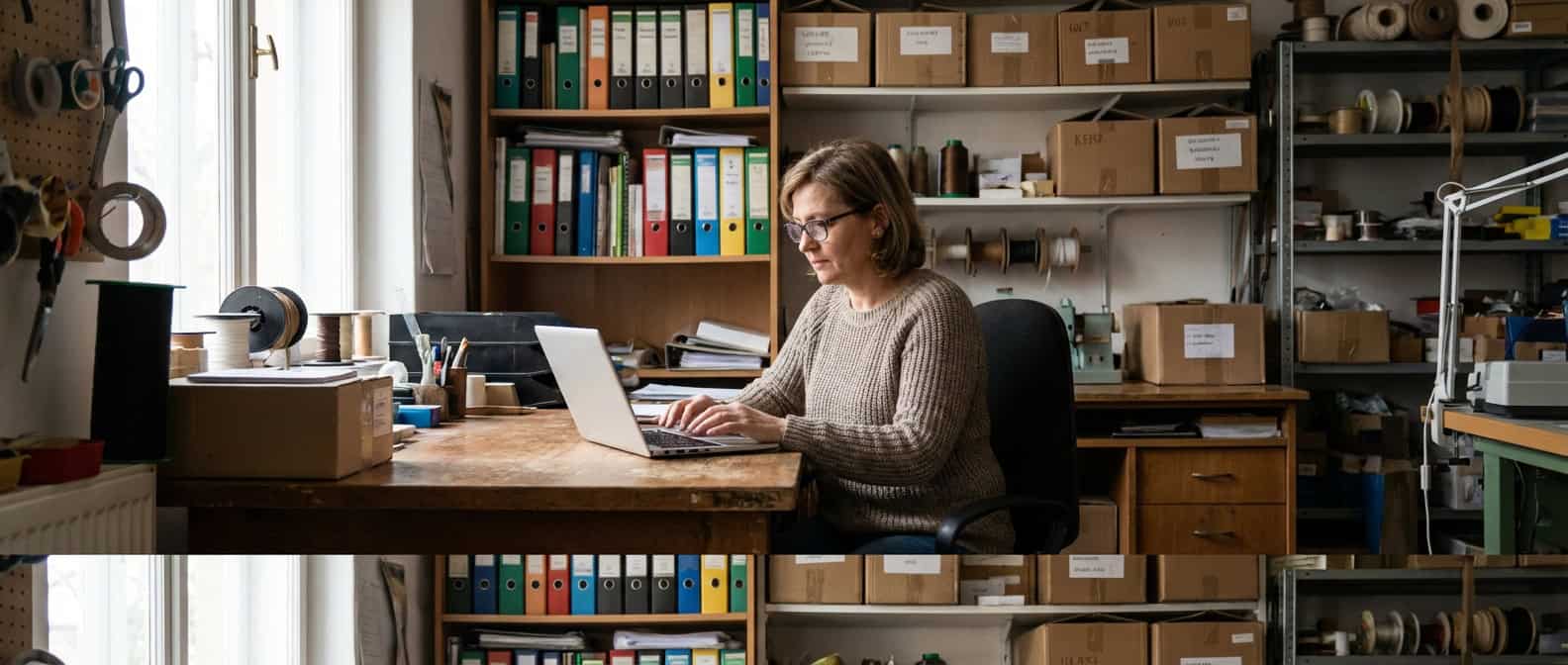 Magyar kisvallalkozo a muhely-irodai kornyezeteben laptopon dolgozik, a DIMOP Plusz 1.2.6 felteteleit nezi